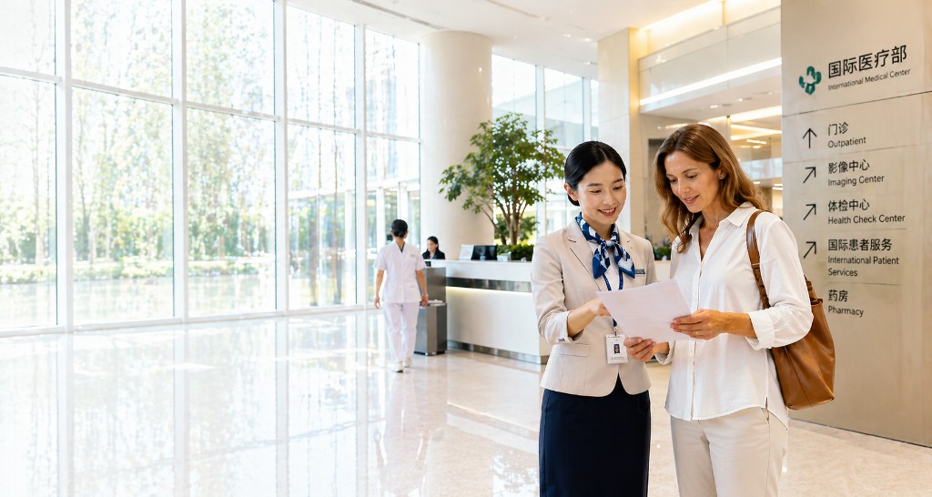 Chinese concierge guiding an international patient inside a premium hospital in China