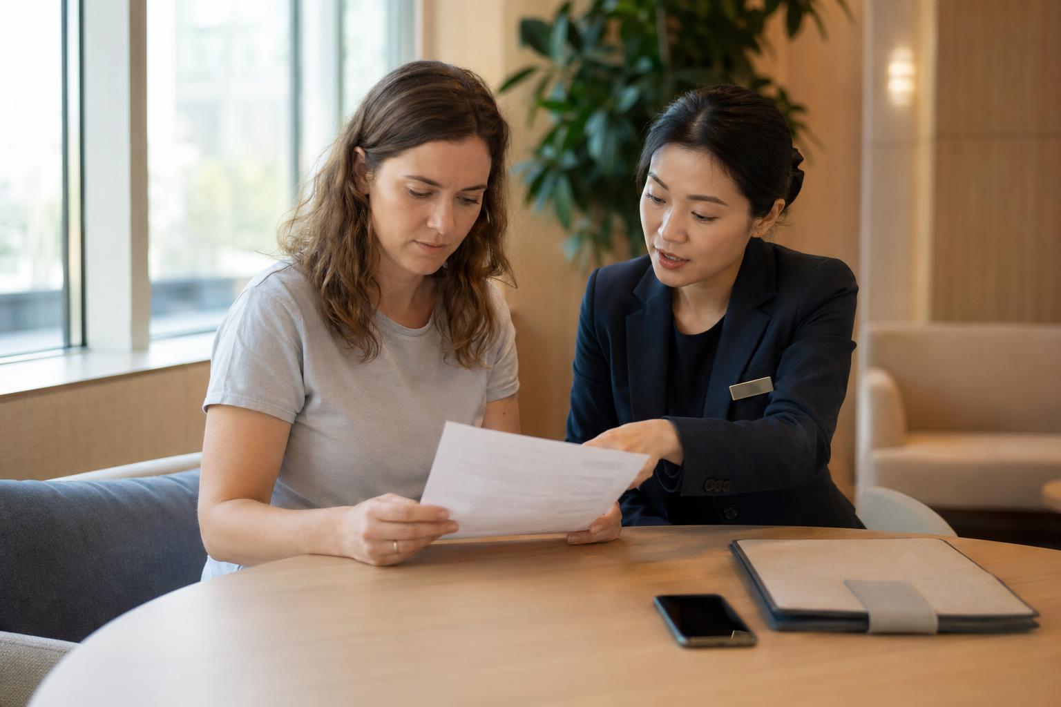 Visitor reviewing post-appointment notes with concierge support