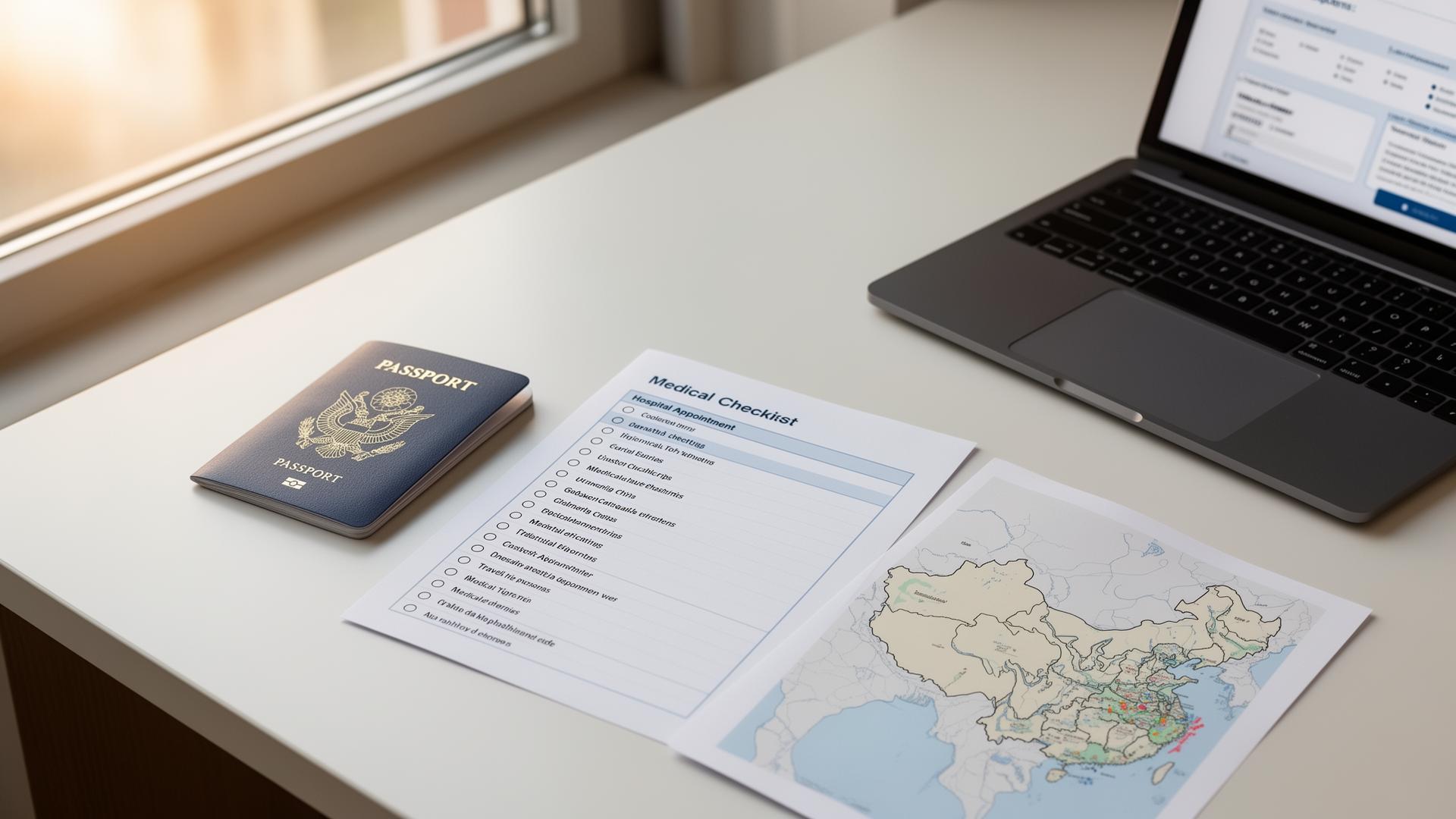 Traveler planning a medical trip to China with passport and checklist