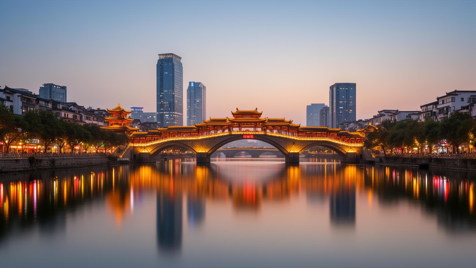 Chengdu Anshun Bridge and skyline for diagnostics and value