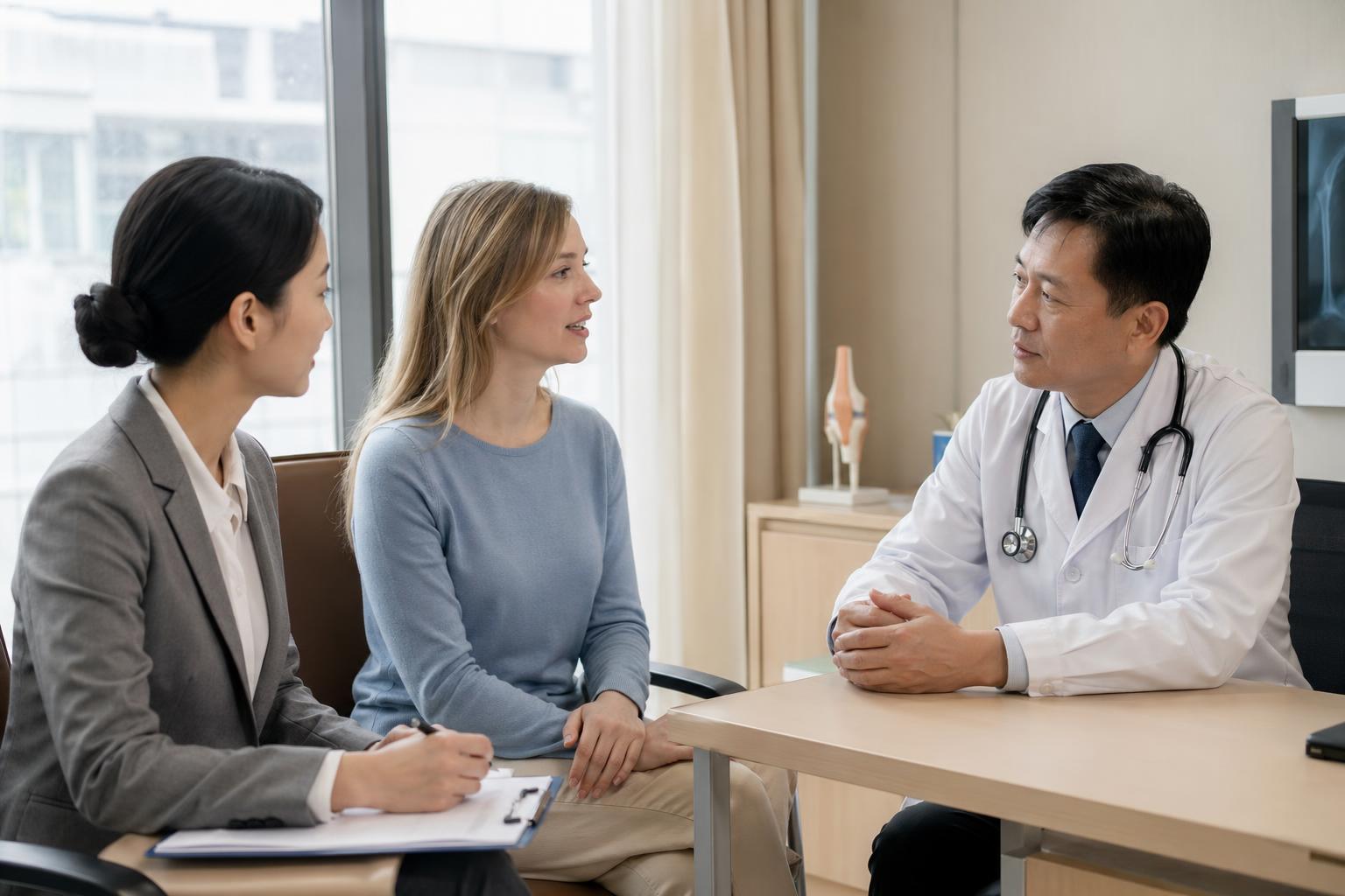 Interpreter helping an international visitor during a medical consultation