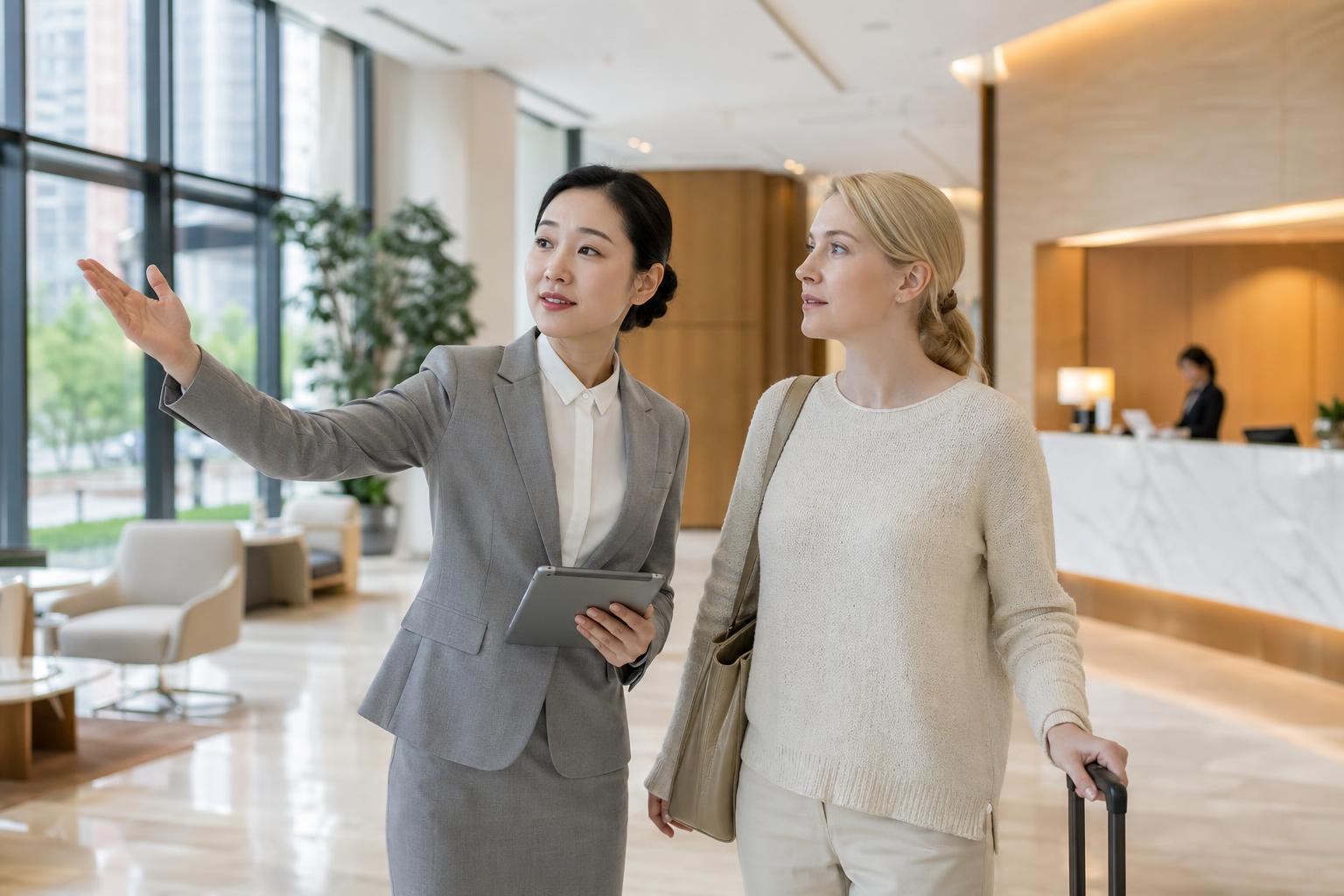International visitor receiving guidance in a modern hospital lobby