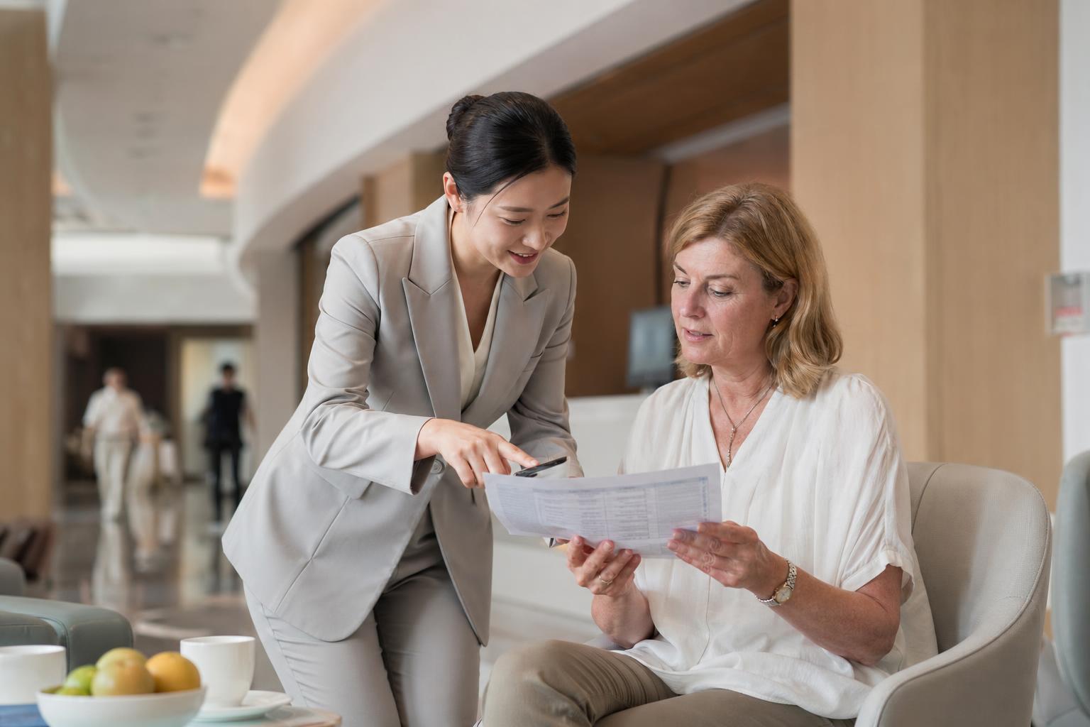 Chinese guide explaining the next step to an international patient inside a hospital